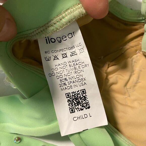 Solo custom dance costume leotard 2 piece mint green rhinestoned LC child - Picture 10 of 13